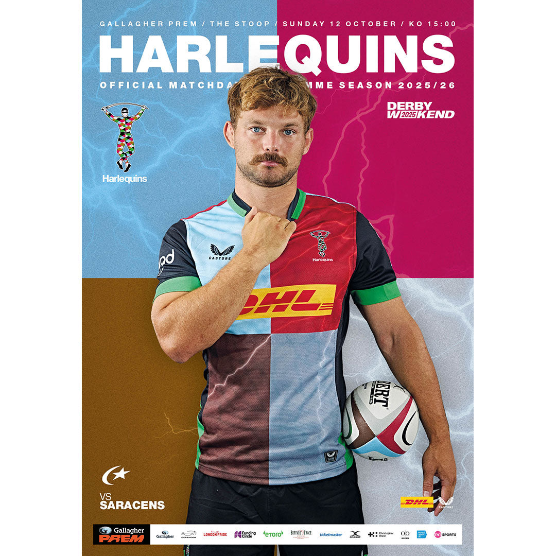 Harlequins rugby player in a multicolored jersey with event details on a colorful background